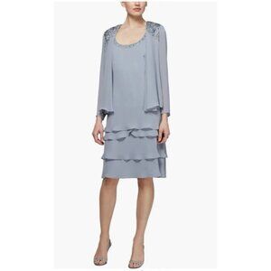 SLNY Jacket & Dress 14 Aloe Blue Ruffled Party Wedding Cruise Flowy NEW